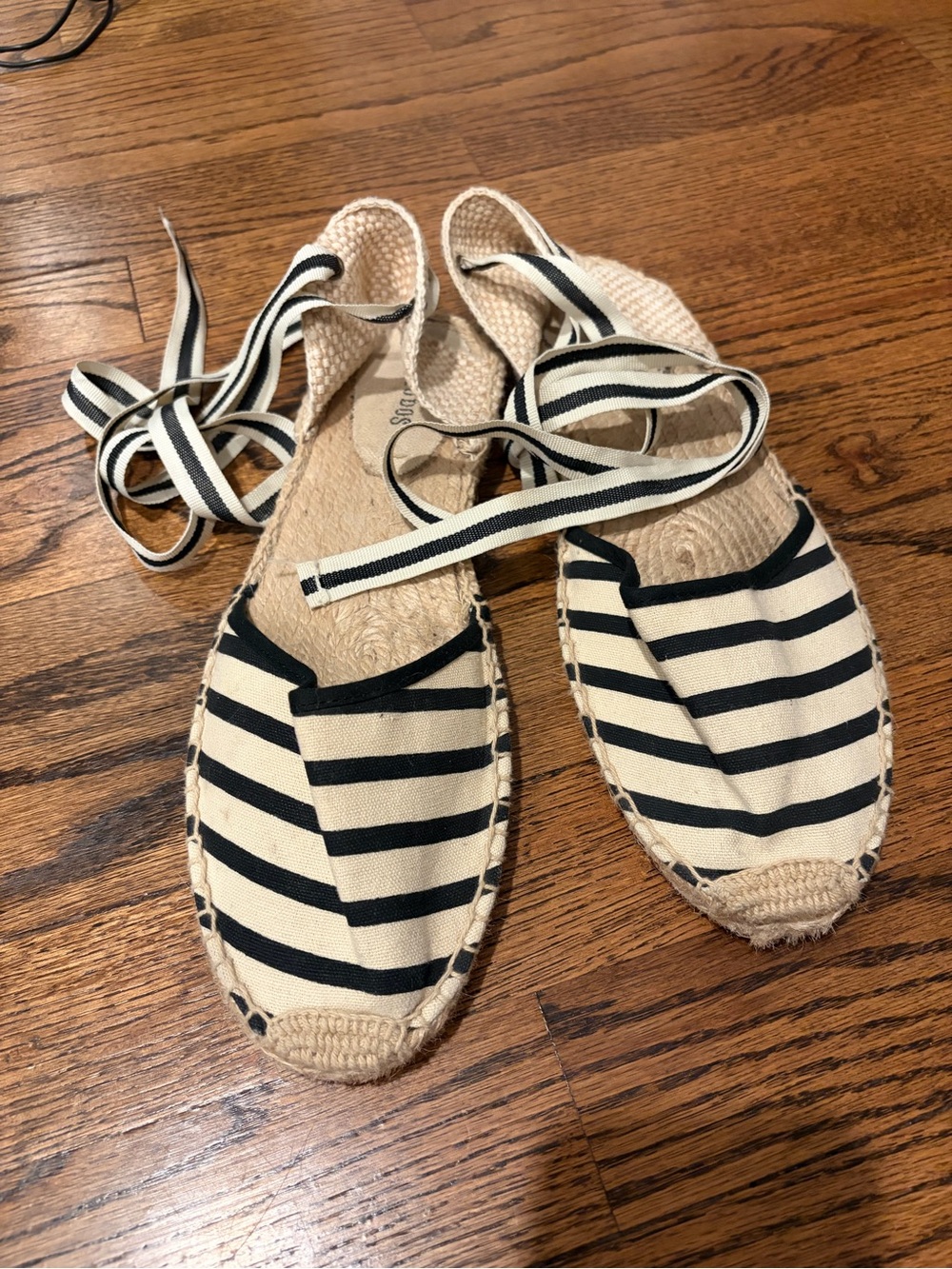 Soludos Striped Canvas Espadrille Lace-Up Flats - Black & Cream